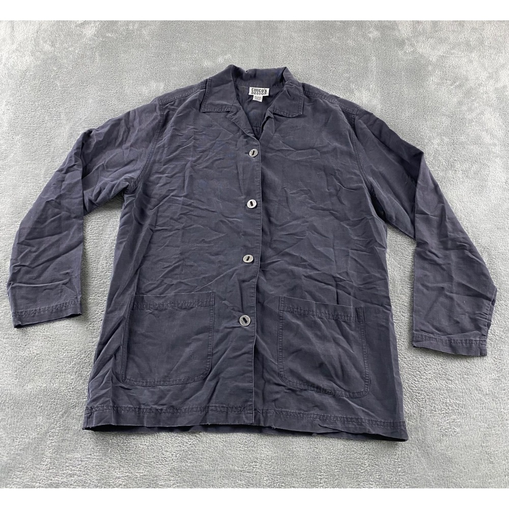Chicos Design Gray Linen Blend‎ Button Front Utility Shirt Jacket Womens Size 1